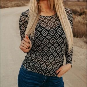 Black Mesh Top with white aztec design to give your some southwestern flair.